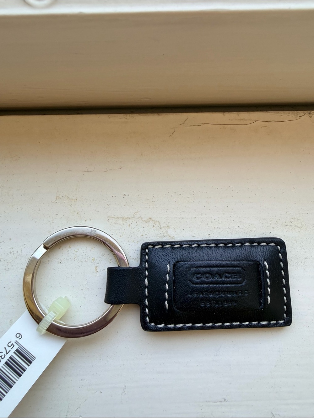 Coach Black Leather Rectangular Key Tag with White Stitching